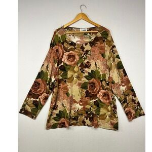 Artsy Boho C.M. Shapes Womens 3X Brown Green Floral Long Sleeve Scoop Neck Top